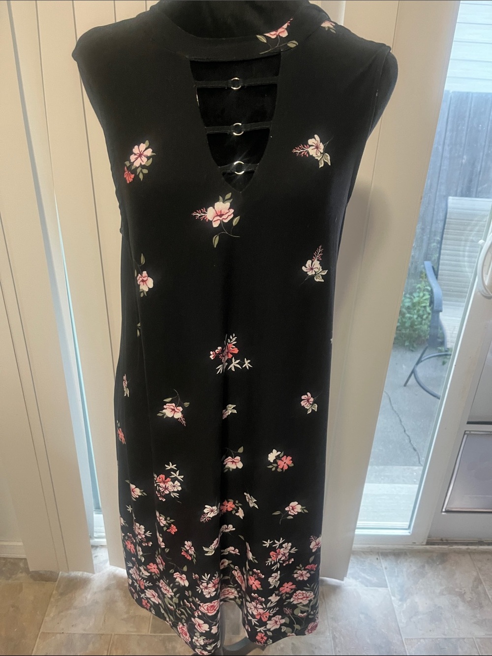 No Boundaries Black Floral Midi Dress with Ladder Neck Rings